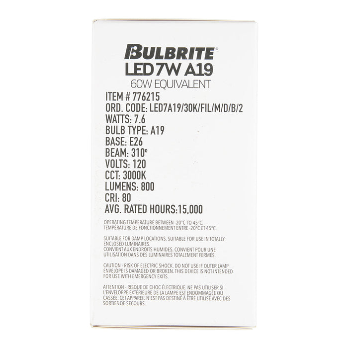 Bulbrite LED7A19/30K/FIL/M/D/B/2 7.6W LED A19 Filament Bulb E26 Base 3000K 800Lm 120V 80 CRI 310 Degree Beam Angle Dimmable Milky (776215)