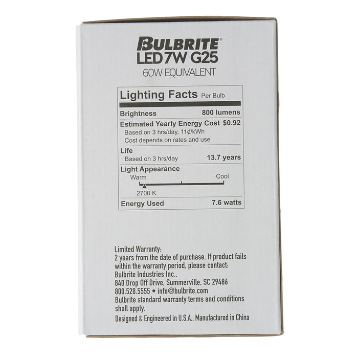 Bulbrite LED7G25/27K/FIL/D/B/2 7W LED G25 Filament Bulb 2700K 800Lm 120V E26 Base Clear (776217)