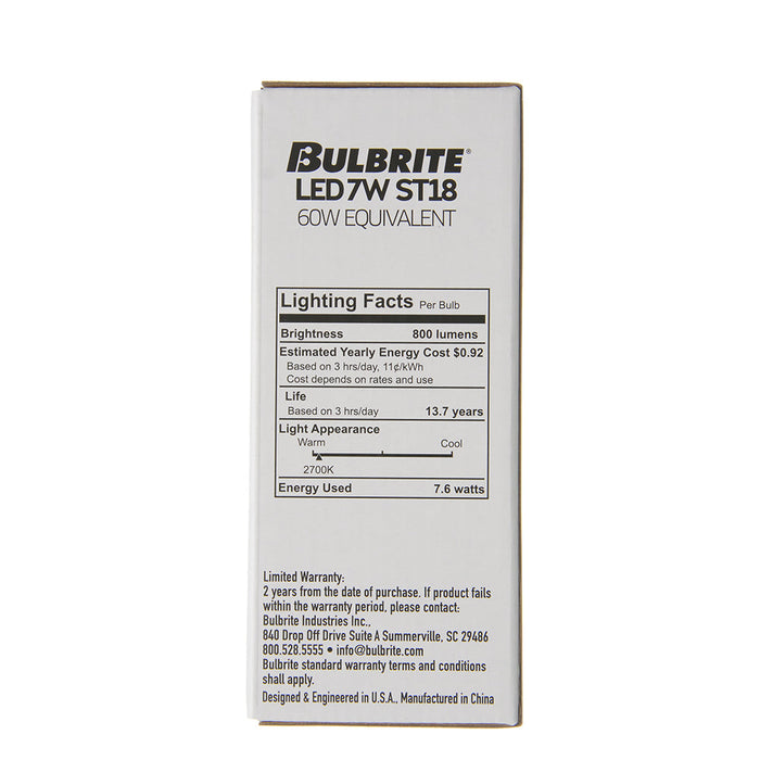 Bulbrite LED7ST18/27K/FIL/D/B/2 7W LED ST18 Filament Bulb E26 Base 2700K 800Lm 120V Dimmable Clear (776223)