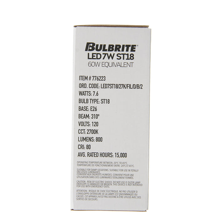 Bulbrite LED7ST18/27K/FIL/D/B/2 7W LED ST18 Filament Bulb E26 Base 2700K 800Lm 120V Dimmable Clear (776223)