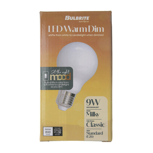 Bulbrite LED9A19/30K-18K/WMDM/FIL/M 9W LED A19 3000K-1800K Filament Bulb Milky Warm Dimming 120V E26 Base (776400)