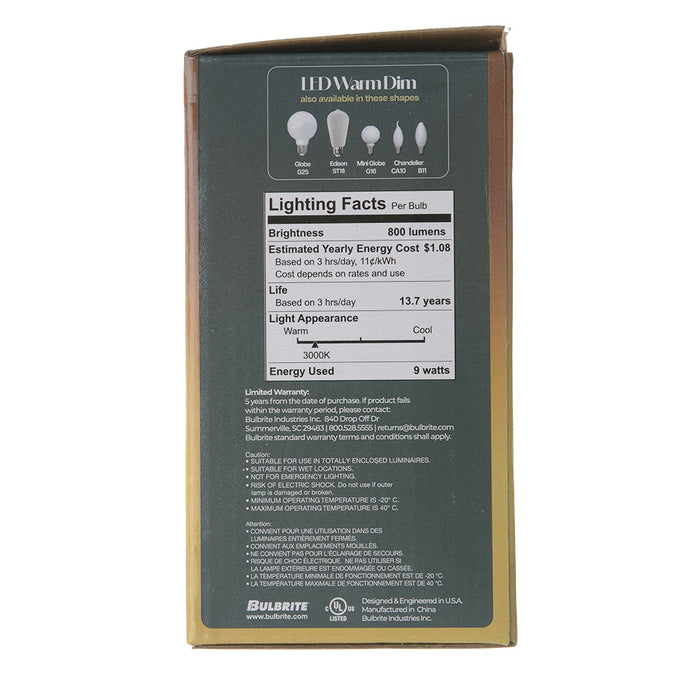Bulbrite LED9A19/30K-18K/WMDM/FIL/M 9W LED A19 3000K-1800K Filament Bulb Milky Warm Dimming 120V E26 Base (776400)