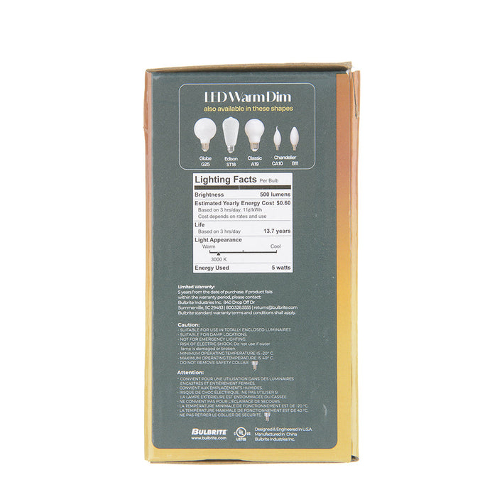 Bulbrite LED5G16/30K-18K/WMDM/FIL/M 5W LED G16 3000K-1800K Filament Bulb Milky Warm Dimming E12 Base 120V (776403)
