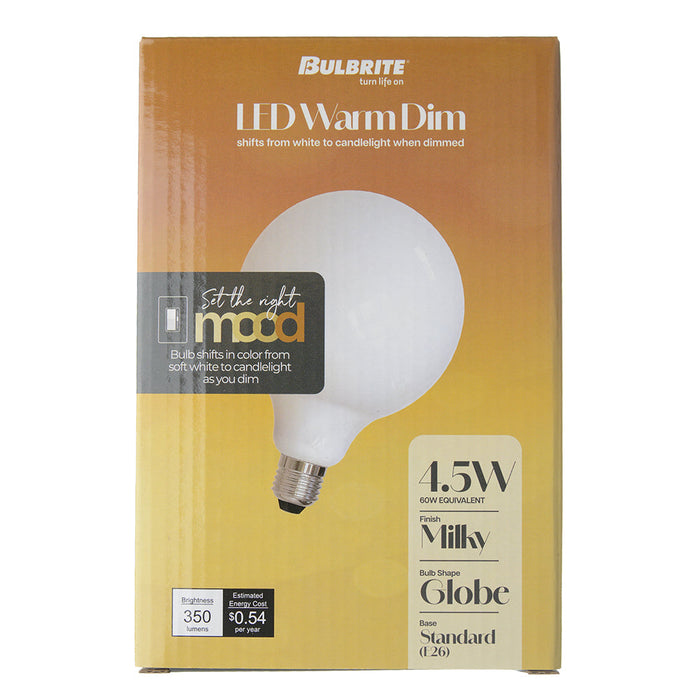 Bulbrite LED4G40/30K-18K/WMDM/FIL/M 4.5W LED G40 Filament Bulb E26 Base 3000K-1800K 350Lm 120V 90 CRI 320 Degree Beam Angle Dimmable Milky (776406)