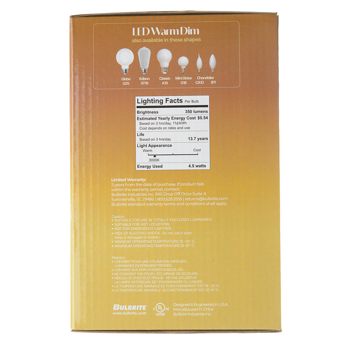 Bulbrite LED4G40/30K-18K/WMDM/FIL/M 4.5W LED G40 Filament Bulb E26 Base 3000K-1800K 350Lm 120V 90 CRI 320 Degree Beam Angle Dimmable Milky (776406)