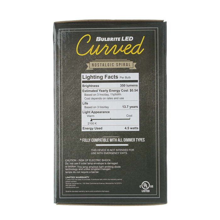 Bulbrite LED4G25/21K/FIL-NOS/CURV/SPIRAL 4W LED G25 2100K Curved Filament Spiral Bulb E26 Base Clear Dimmable (776516)