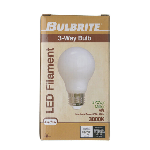 Bulbrite LED11A19/30K/FIL/3WAY 3-Way LED A19 Filament Bulb 4.5W/7W/11W E26 Base 3000K 120V 90 CRI 320 Degree Beam Angle Non-Dimmable Milky (776521)