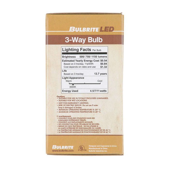 Bulbrite LED11A19/30K/FIL/3WAY 3-Way LED A19 Filament Bulb 4.5W/7W/11W E26 Base 3000K 120V 90 CRI 320 Degree Beam Angle Non-Dimmable Milky (776521)