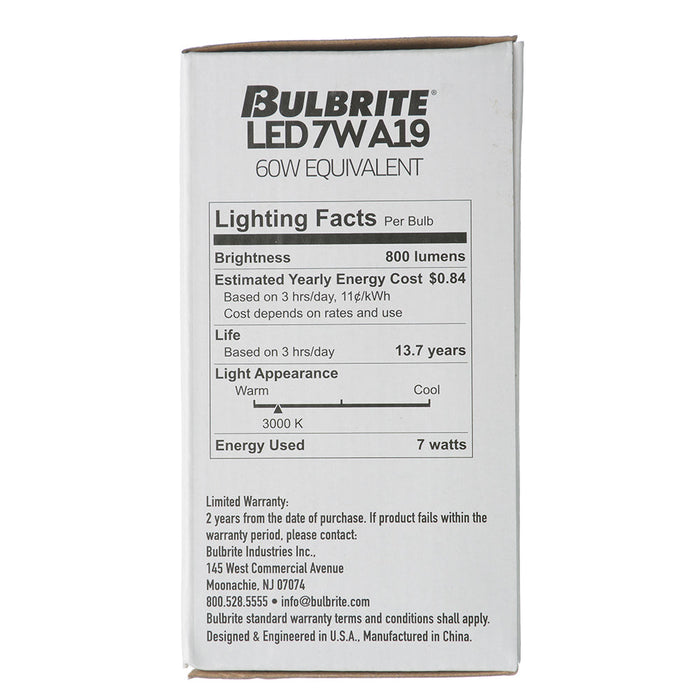 Bulbrite LED7A19/30K/FIL/M/D/B 7W LED A19 3000K Filament Bulb Milky E26 Base Dimmable 120V (776654)