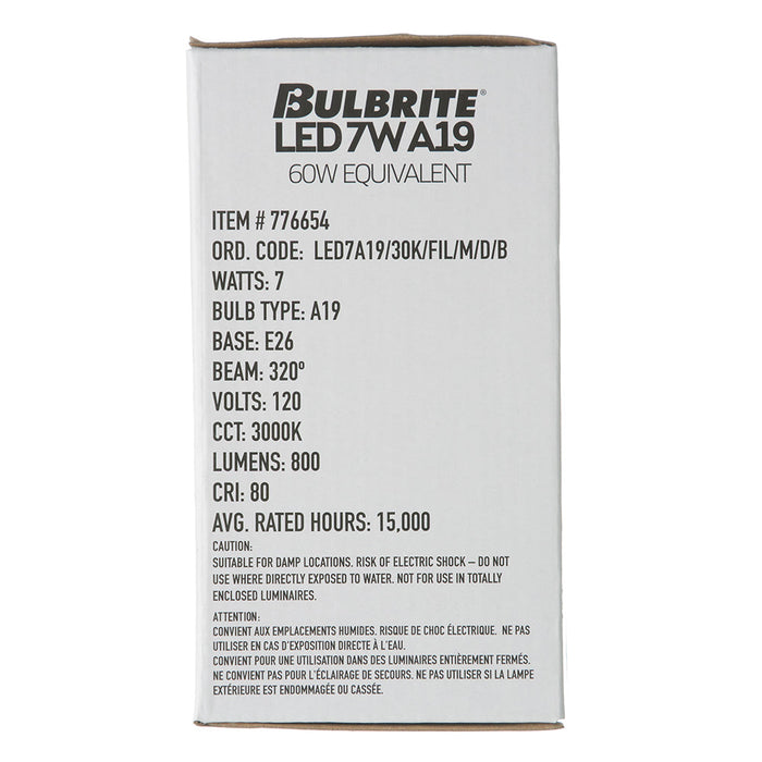 Bulbrite LED7A19/30K/FIL/M/D/B 7W LED A19 3000K Filament Bulb Milky E26 Base Dimmable 120V (776654)