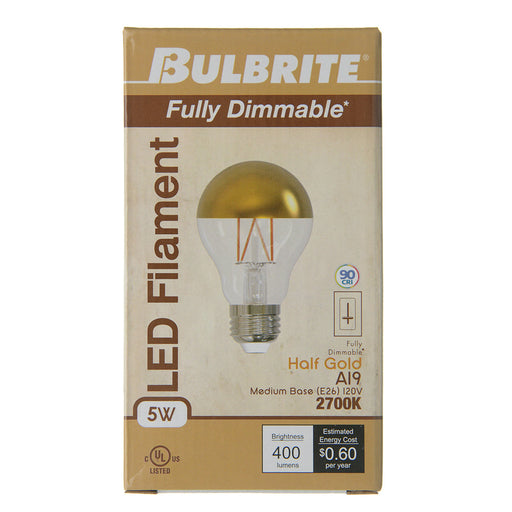 Bulbrite LED5A19/27K/FIL/HG/3 5W LED A19 2700K Filament Bulb 400Lm 90 CRI E26 Base 120V Fully Compatible Dimming Half Gold (776679)