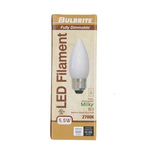 Bulbrite LED5B11/27K/FIL/M/E26/3 5.5W LED B11 2700K Filament Bulb E26 Base Milky Fully Compatible Dimming 120V (776735)