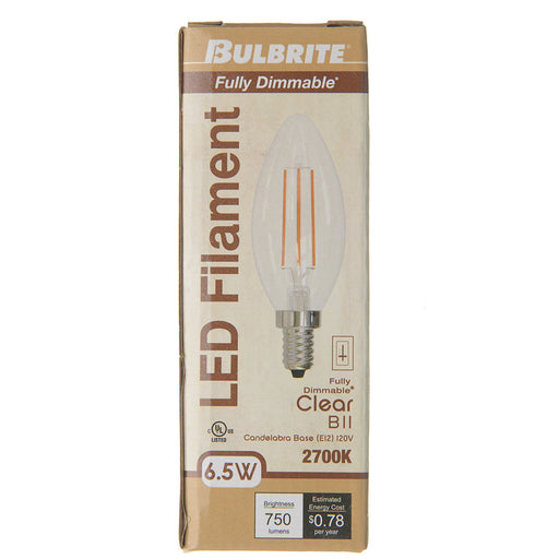 Bulbrite LED6B11/27K/FIL/3 6.5W LED B11 2700K Filament Bulb E12 Base Clear 120V Dimmable (776737)