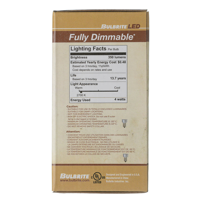 Bulbrite LED4G16/27K/FIL/4/JA8 4W LED G16 2700K Filament Bulb E12 Base Fully Compatible Dimming 120V Clear (776743)