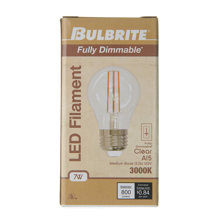 Bulbrite LED7A15/30K/FIL/3 7W LED A15 Filament Bulb E26 Base 3000K 800Lm 120V 90 CRI 320 Degree Beam Angle Dimmable Clear (776830)