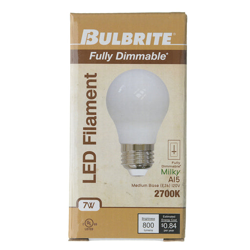 Bulbrite LED7A15/27K/FIL/M/3 7W LED A15 Filament Bulb E26 Base 2700K 800Lm 120V 90 CRI 320 Degree Beam Angle Dimmable Milky (776831)