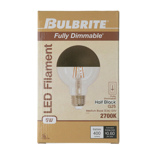 Bulbrite LED5G25/27K/FIL/HB/3 5W LED G25 Filament Bulb E26 Base 2700K 400Lm 120V 90 CRI 320 Degree Beam Angle Dimmable Half Black (776835)