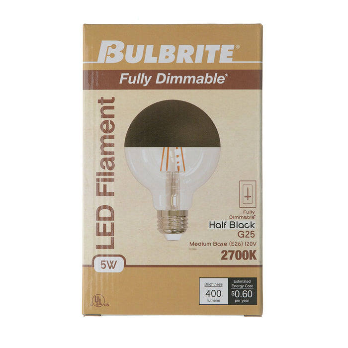 Bulbrite LED5G25/27K/FIL/HB/3 5W LED G25 Filament Bulb E26 Base 2700K 400Lm 120V 90 CRI 320 Degree Beam Angle Dimmable Half Black (776835)