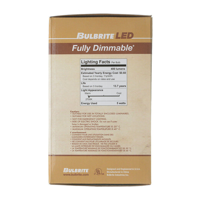 Bulbrite LED5G25/27K/FIL/HB/3 5W LED G25 Filament Bulb E26 Base 2700K 400Lm 120V 90 CRI 320 Degree Beam Angle Dimmable Half Black (776835)