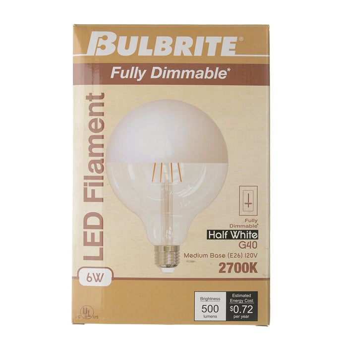 Bulbrite LED6G40/27K/FIL/HW/3 6W LED G40 Filament Bulb E26 Base 2700K 500Lm 120V 90 CRI 320 Degree Beam Angle Dimmable Half White (776840)