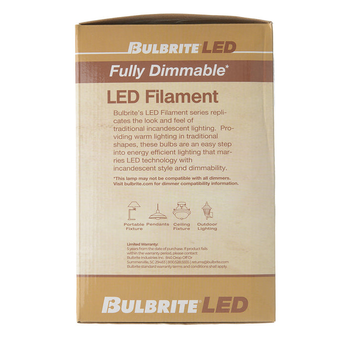 Bulbrite LED6G40/27K/FIL/HW/3 6W LED G40 Filament Bulb E26 Base 2700K 500Lm 120V 90 CRI 320 Degree Beam Angle Dimmable Half White (776840)