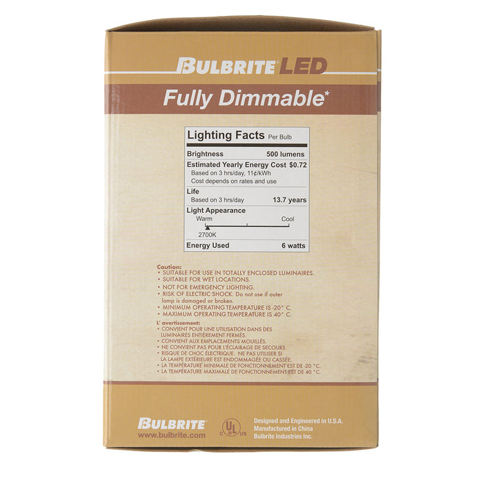 Bulbrite LED6G40/27K/FIL/HW/3 6W LED G40 Filament Bulb E26 Base 2700K 500Lm 120V 90 CRI 320 Degree Beam Angle Dimmable Half White (776840)