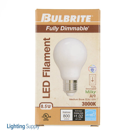 Bulbrite LED8A19/30K/FIL/M/3 8W LED Filament A19 120V Medium E26 Base 3000K Dimmable Milky Finish (776869)