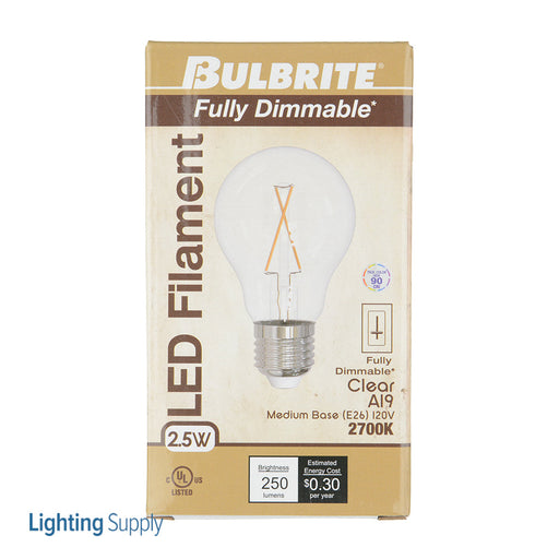 Bulbrite LED2A19/27K/FIL/3 2.5W LED Filament A19 120V Medium E26 Base 2700K Dimmable Clear (776871)