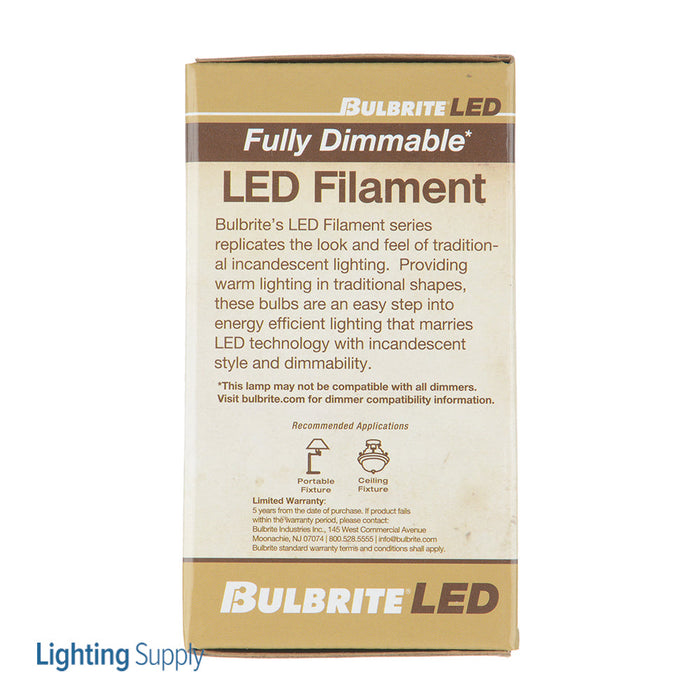 Bulbrite LED2A19/27K/FIL/3 2.5W LED Filament A19 120V Medium E26 Base 2700K Dimmable Clear (776871)