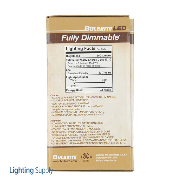 Bulbrite LED2A19/27K/FIL/3 2.5W LED Filament A19 120V Medium E26 Base 2700K Dimmable Clear (776871)