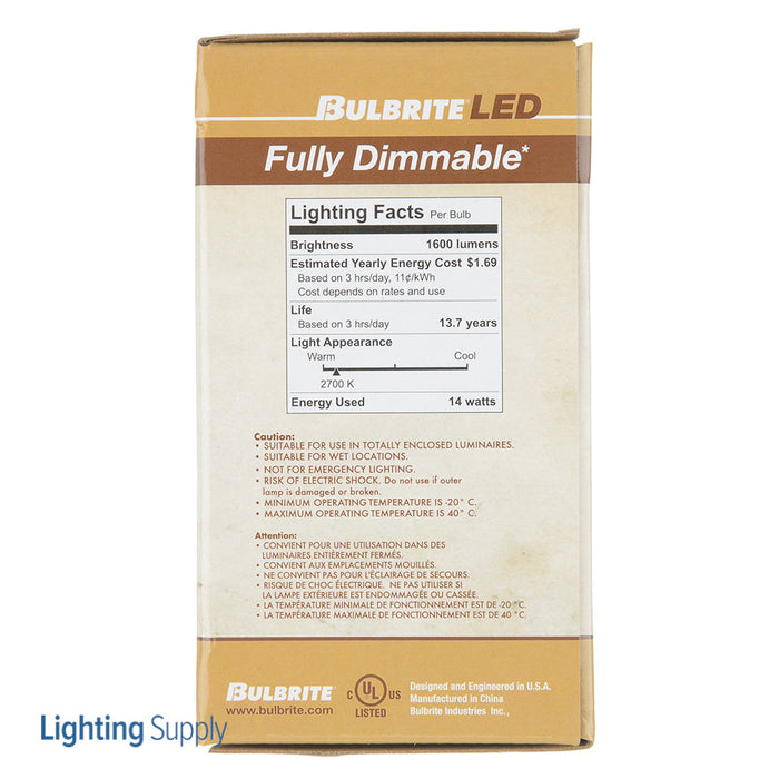 Bulbrite LED14A19/27K/FIL/3 14W LED A19 2700K Filament Bulb 1600Lm 90 CRI E26 Base 120V Fully Compatible Dimming Clear (776915)