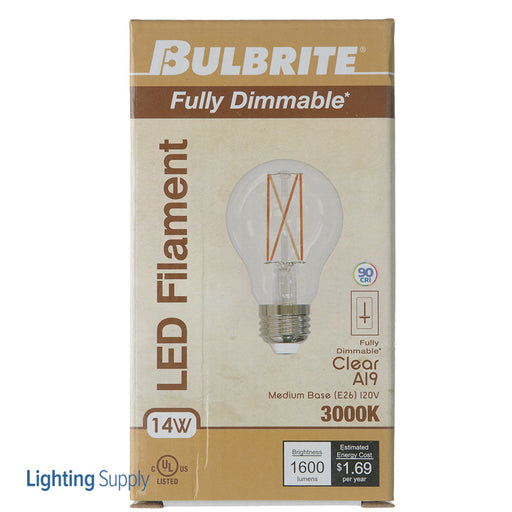 Bulbrite LED14A19/30K/FIL/3 14W LED A19 3000K Filament Bulb 1600Lm 90 CRI E26 Base 120V Fully Compatible Dimming Clear (776916)
