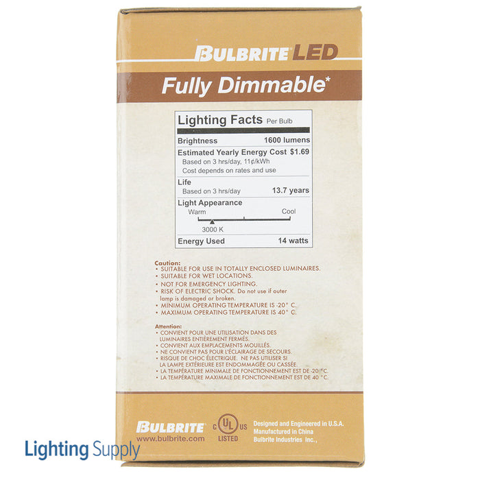 Bulbrite LED14A19/30K/FIL/3 14W LED A19 3000K Filament Bulb 1600Lm 90 CRI E26 Base 120V Fully Compatible Dimming Clear (776916)