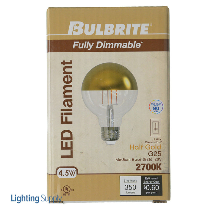 Bulbrite LED4G25/27K/FIL/HG/3 4.5W LED G25 2700K Filament Bulb 350Lm 90 CRI E26 Base 120V Fully Compatible Dimming Half Gold (776923)