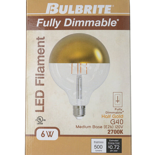 Bulbrite LED6G40/27K/FIL/HG/3 6W LED G40 2700K Filament Bulb Half Gold E26 Base Fully Compatible Dimming 120V (776924)