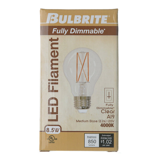 Bulbrite LED8A19/40K/FIL/3/JA8 8.5W LED A19 4000K Filament Bulb Fully Compatible Dimming E26 Base 120V Clear (776925)