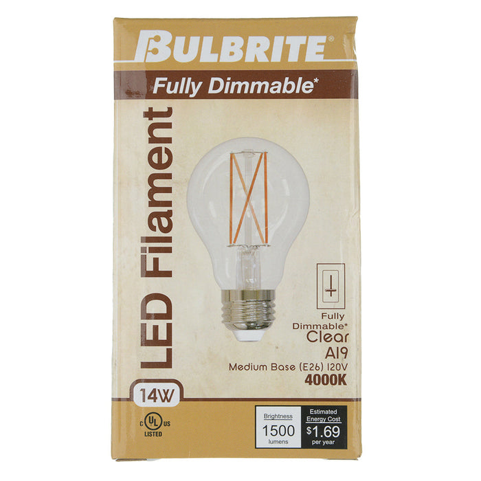 Bulbrite LED14A19/40K/FIL/3 14W LED A19 4000K Filament Bulb E26 Base Fully Compatible Dimming 120V Clear (776927)