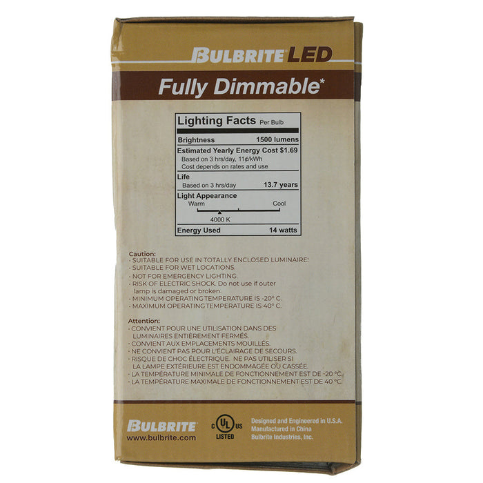 Bulbrite LED14A19/40K/FIL/3 14W LED A19 4000K Filament Bulb E26 Base Fully Compatible Dimming 120V Clear (776927)