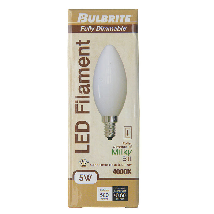 Bulbrite LED5B11/40K/FIL/M/3 5W LED B11 4000K Filament Bulb Milky E12 Base Fully Compatible Dimming 120V (776934)