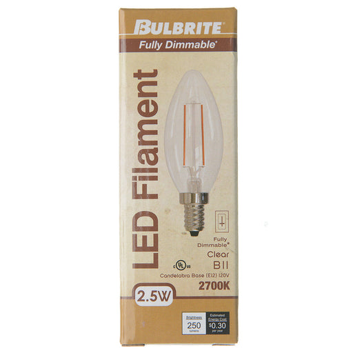Bulbrite LED2B11/27K/FIL/4 2.5W LED B11 Filament Bulb E12 Base 2700K 250Lm 120V Dimmable Clear (776938)