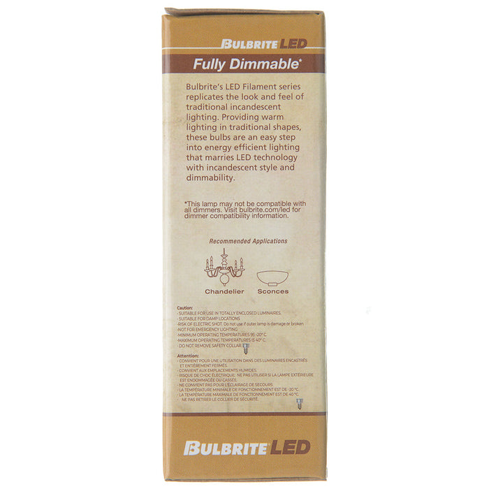 Bulbrite LED2B11/27K/FIL/4 2.5W LED B11 Filament Bulb E12 Base 2700K 250Lm 120V Dimmable Clear (776938)