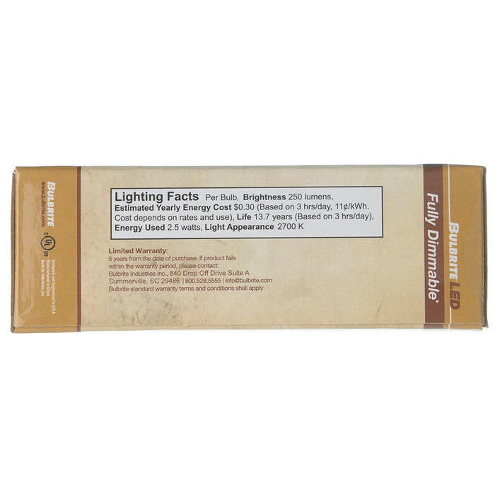 Bulbrite LED2B11/27K/FIL/4 2.5W LED B11 Filament Bulb E12 Base 2700K 250Lm 120V Dimmable Clear (776938)