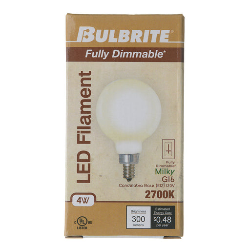 Bulbrite LED4G16/27K/FIL/M/4 4W LED G16 Filament Bulb E12 Base 2700K 300Lm 120V Dimmable Milky (776943)