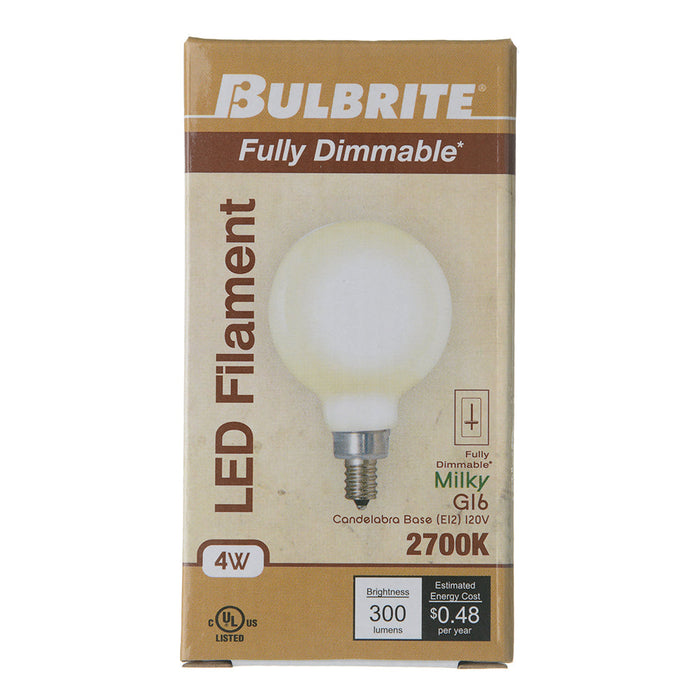 Bulbrite LED4G16/27K/FIL/M/4 4W LED G16 Filament Bulb E12 Base 2700K 300Lm 120V Dimmable Milky (776943)