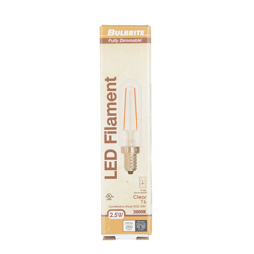 Bulbrite LED2T6/30K/FIL/4 2.5W LED T6 Filament Bulb E12 Base 3000K 250Lm 120V 90 CRI 320 Degree Beam Angle Dimmable Clear (776952)