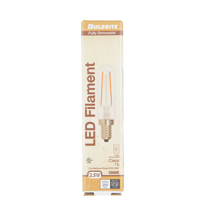 Bulbrite LED2T6/30K/FIL/4 2.5W LED T6 Filament Bulb E12 Base 3000K 250Lm 120V 90 CRI 320 Degree Beam Angle Dimmable Clear (776952)