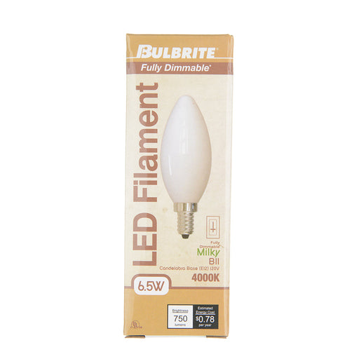 Bulbrite LED6B11/40K/FIL/M/3 6.5W LED B11 Filament Bulb E12 Base 4000K 750Lm 120V 90 CRI 320 Degree Beam Angle Dimmable Milky (776968)