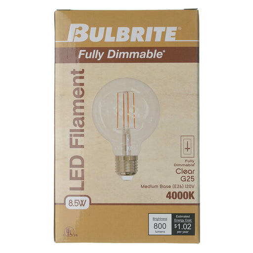 Bulbrite LED8G25/40K/FIL/3/JA8 8.5W LED G25 Filament Bulb E26 Base 4000K 800Lm 120V 90 CRI 320 Degree Beam Angle Dimmable Clear (776977)