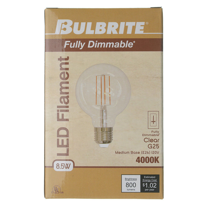 Bulbrite LED8G25/40K/FIL/3/JA8 8.5W LED G25 Filament Bulb E26 Base 4000K 800Lm 120V 90 CRI 320 Degree Beam Angle Dimmable Clear (776977)