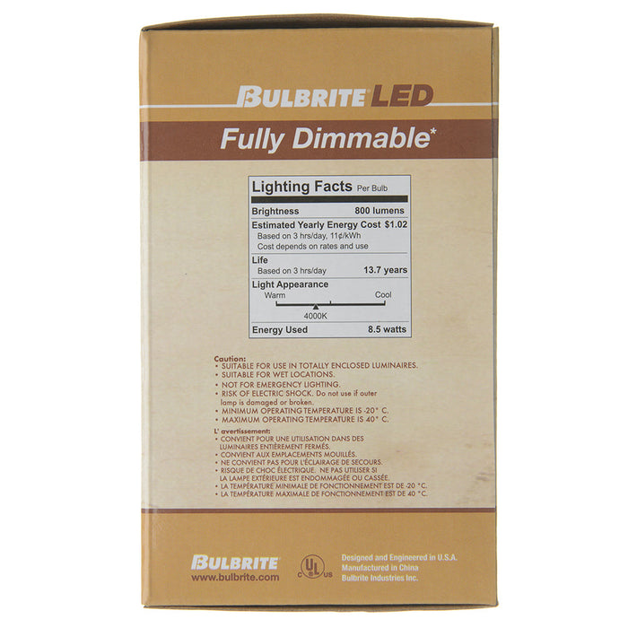 Bulbrite LED8G25/40K/FIL/3/JA8 8.5W LED G25 Filament Bulb E26 Base 4000K 800Lm 120V 90 CRI 320 Degree Beam Angle Dimmable Clear (776977)